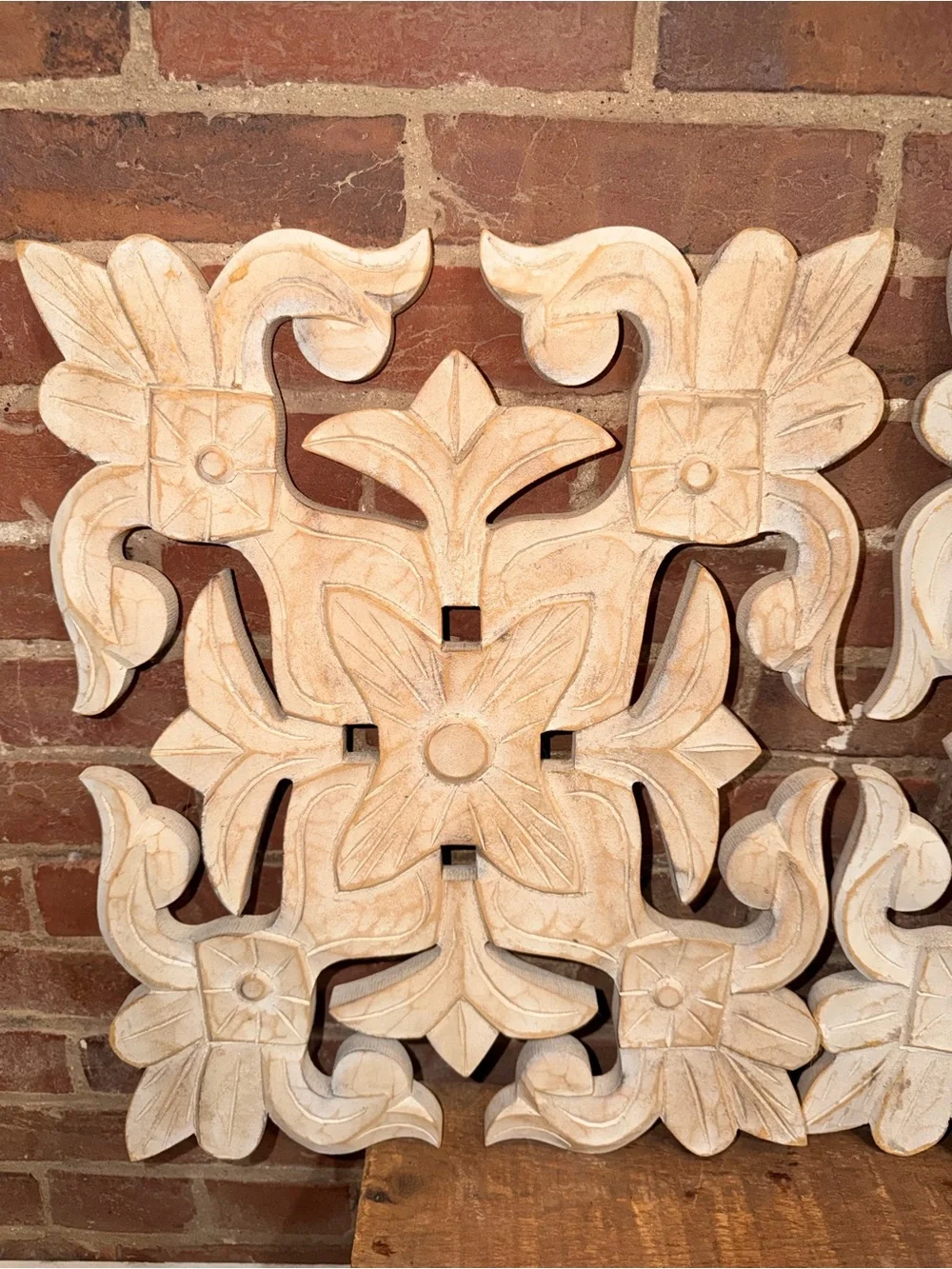 Carved Floral Wall Panels in Distressed White - Set of 2
